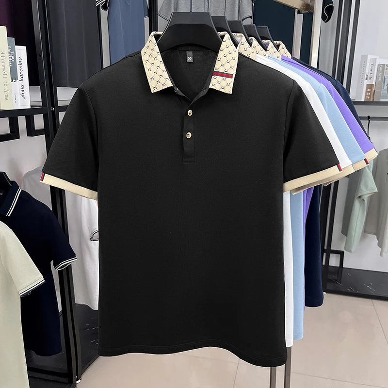 Personality jacquard lapel short sleeve T-shirt summer high-end silky breathable new casual polo shirt fashion men's clothing