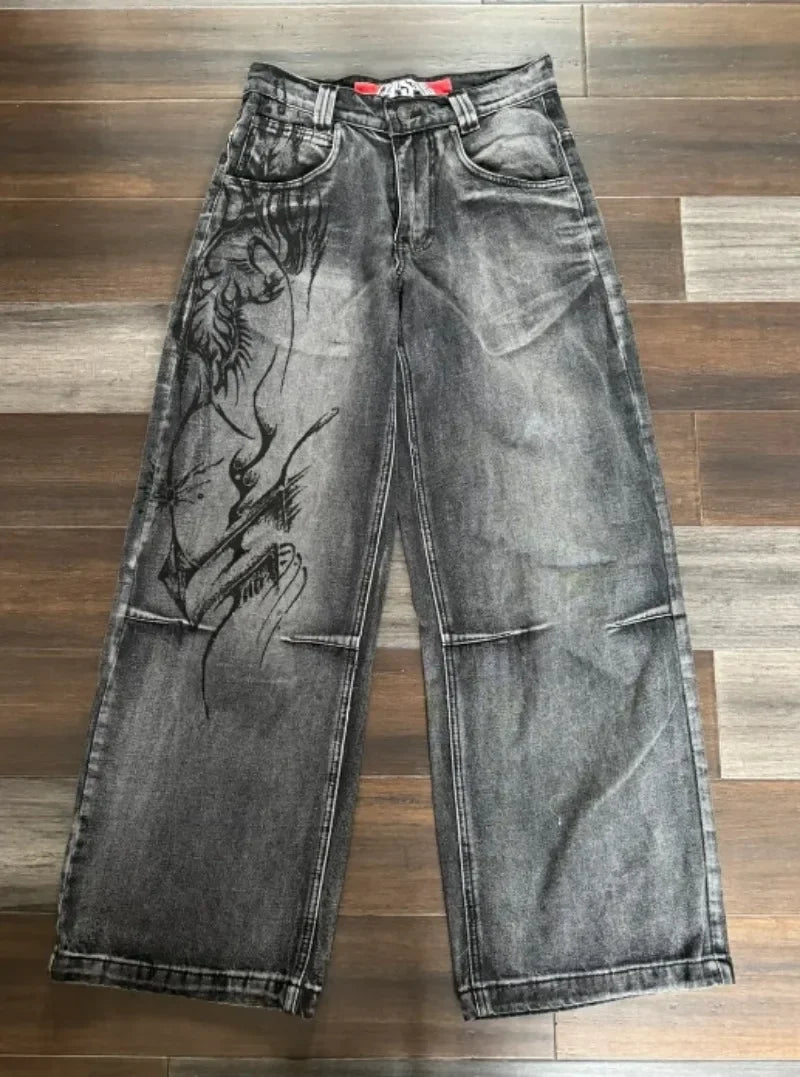 Japanese Kawaii Cartoon Characters Embroidered Light Blue Washed Baggy Jeans Y2K Harajuku Gothic Skateboard Pants Street Clothes
