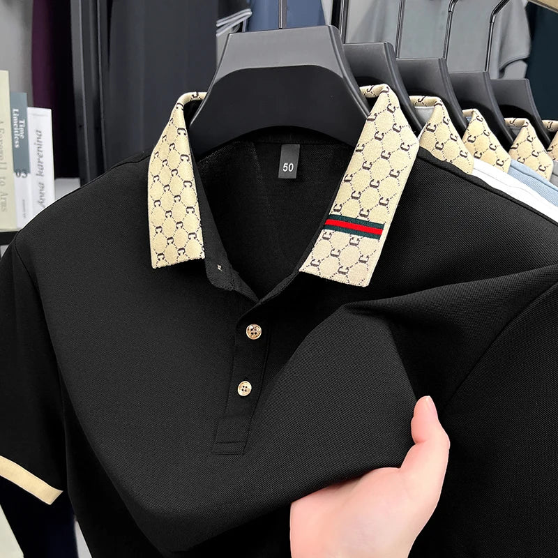 Personality jacquard lapel short sleeve T-shirt summer high-end silky breathable new casual polo shirt fashion men's clothing