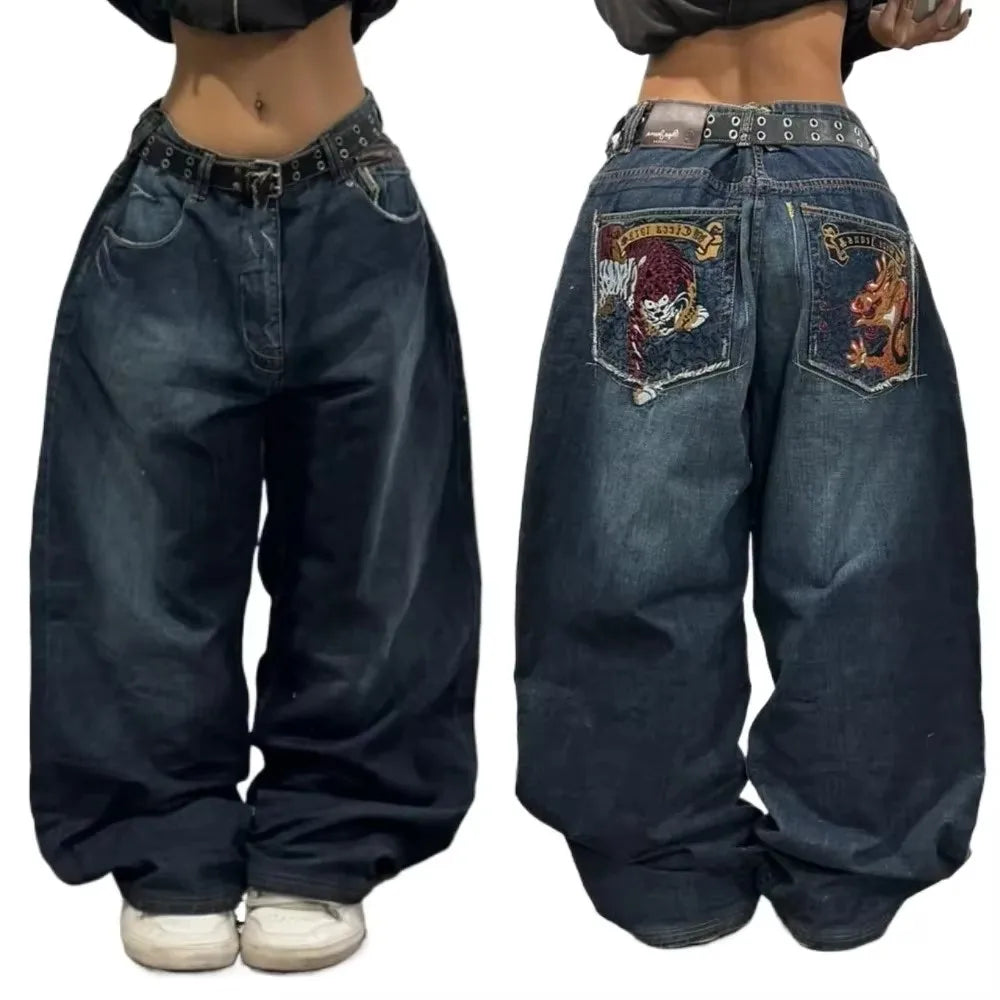 Japanese Kawaii Cartoon Characters Embroidered Light Blue Washed Baggy Jeans Y2K Harajuku Gothic Skateboard Pants Street Clothes