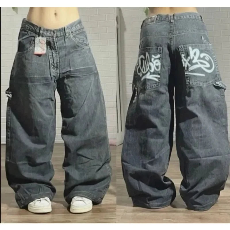 Japanese Kawaii Cartoon Characters Embroidered Light Blue Washed Baggy Jeans Y2K Harajuku Gothic Skateboard Pants Street Clothes