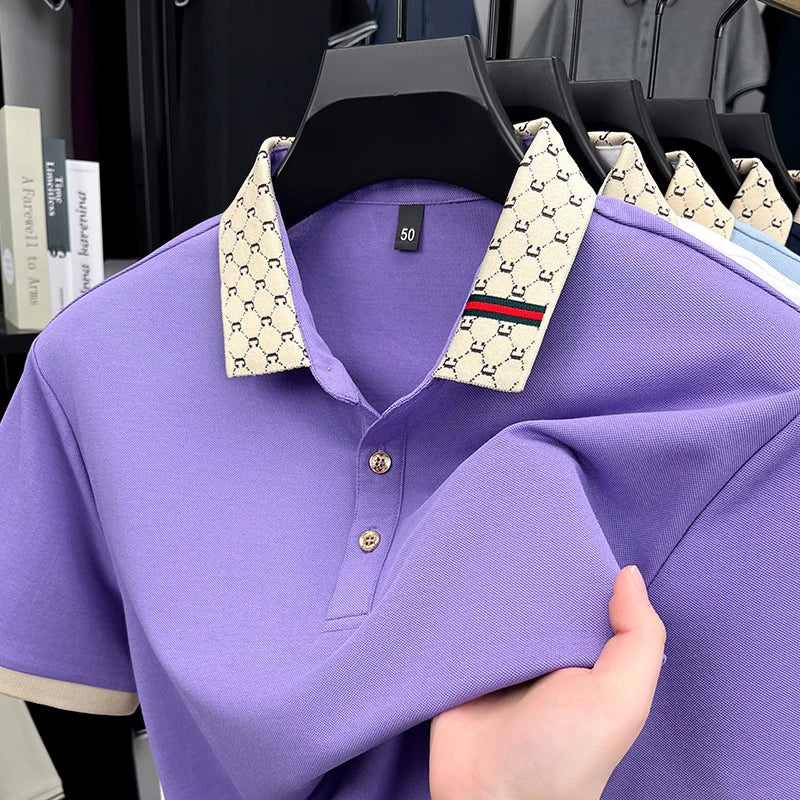 Personality jacquard lapel short sleeve T-shirt summer high-end silky breathable new casual polo shirt fashion men's clothing