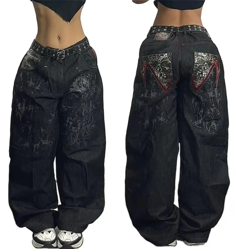 Japanese Kawaii Cartoon Characters Embroidered Light Blue Washed Baggy Jeans Y2K Harajuku Gothic Skateboard Pants Street Clothes