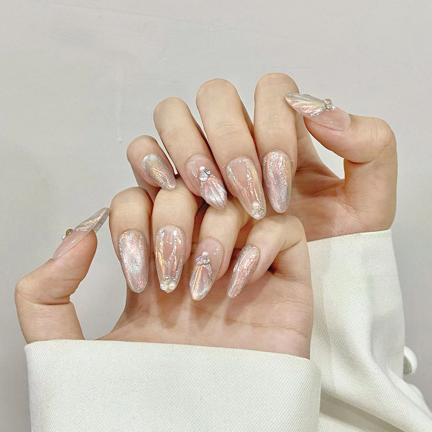Handmade Press on Nails Blue Aurora Mermaid Fake Nail Patches Wearable Detachable French Pearl Almond False Nail Tips 10pcs