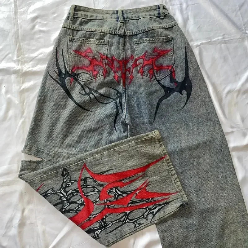 Japanese Kawaii Cartoon Characters Embroidered Light Blue Washed Baggy Jeans Y2K Harajuku Gothic Skateboard Pants Street Clothes
