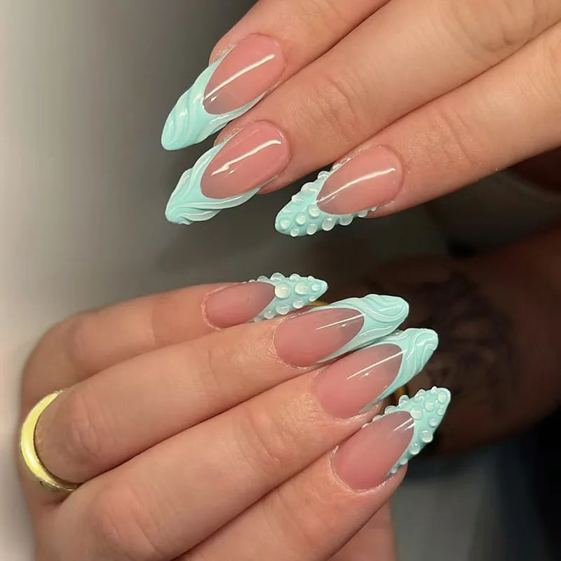24pcs Romantic Y2k Star Press On Nails Gradient Blue French Style Gold Moon Designs Fake Nail Sweet Almond False Nails For Women