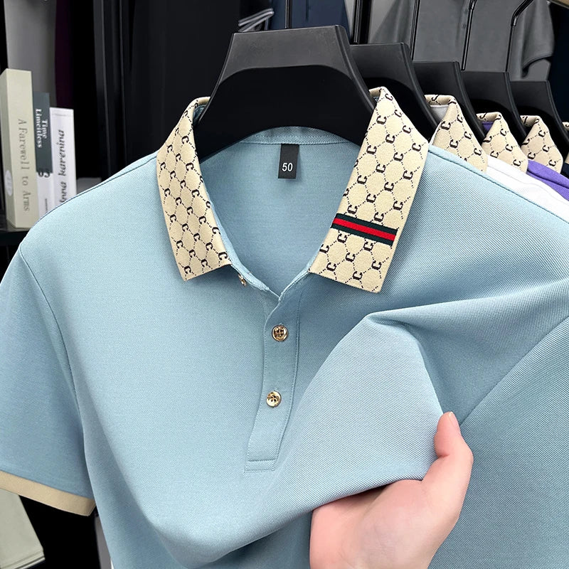 Personality jacquard lapel short sleeve T-shirt summer high-end silky breathable new casual polo shirt fashion men's clothing