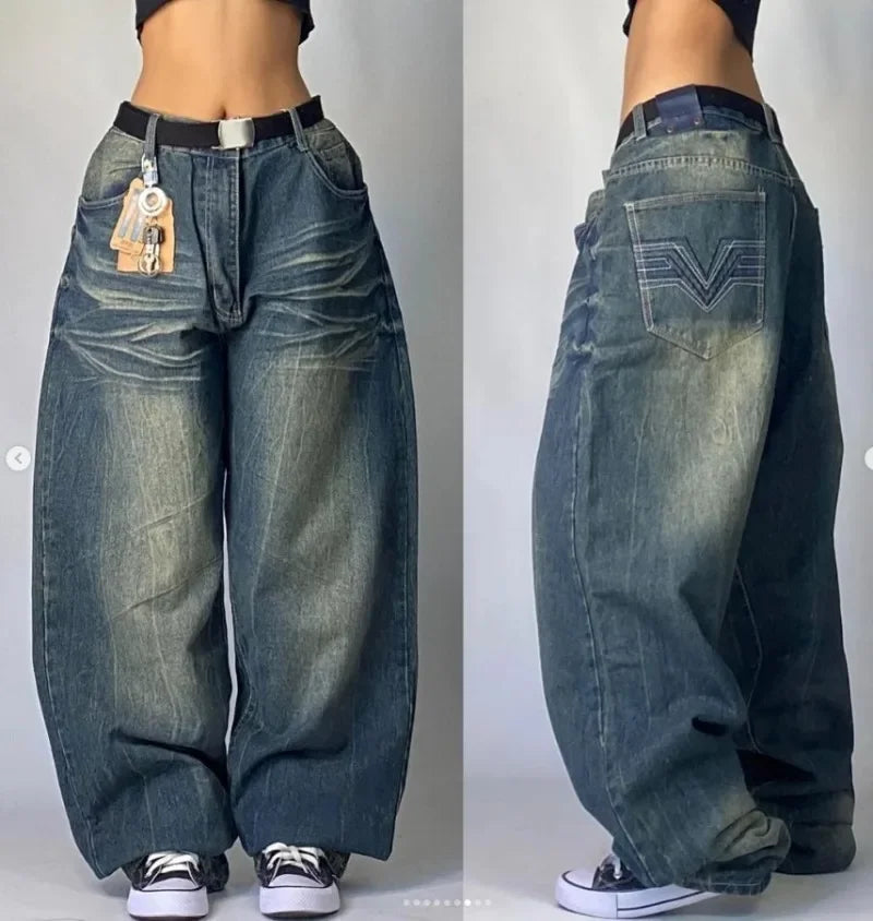 Japanese Kawaii Cartoon Characters Embroidered Light Blue Washed Baggy Jeans Y2K Harajuku Gothic Skateboard Pants Street Clothes
