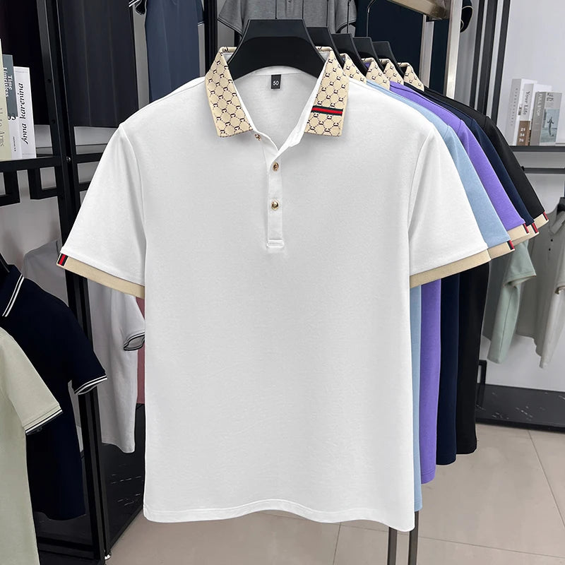 Personality jacquard lapel short sleeve T-shirt summer high-end silky breathable new casual polo shirt fashion men's clothing