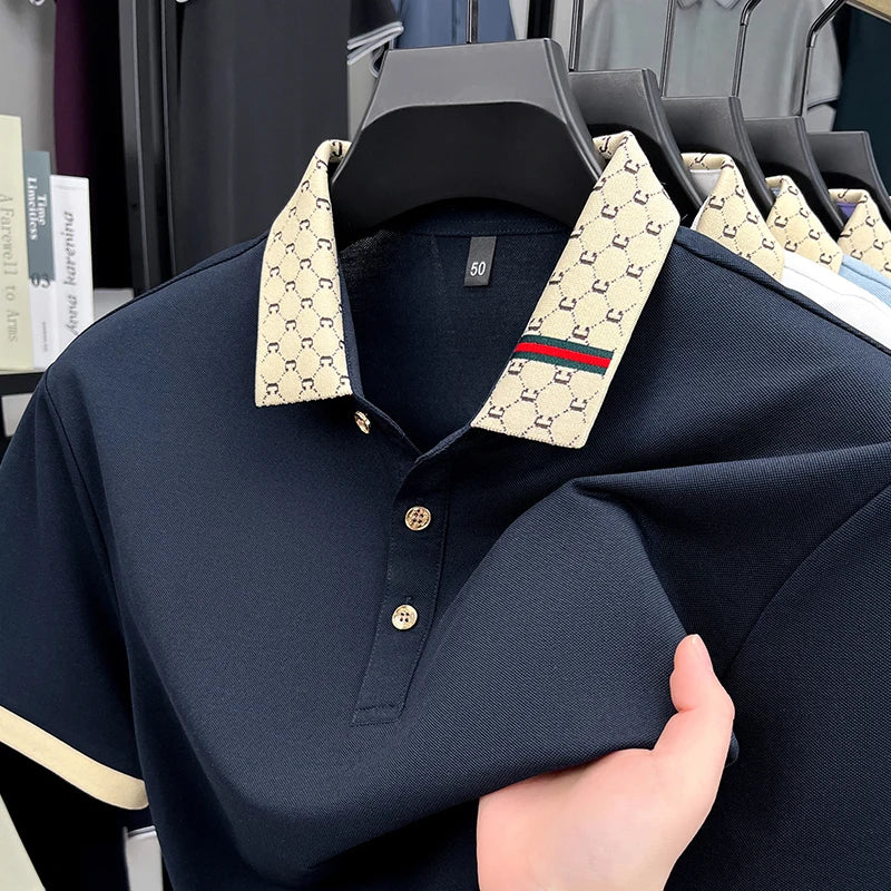 Personality jacquard lapel short sleeve T-shirt summer high-end silky breathable new casual polo shirt fashion men's clothing