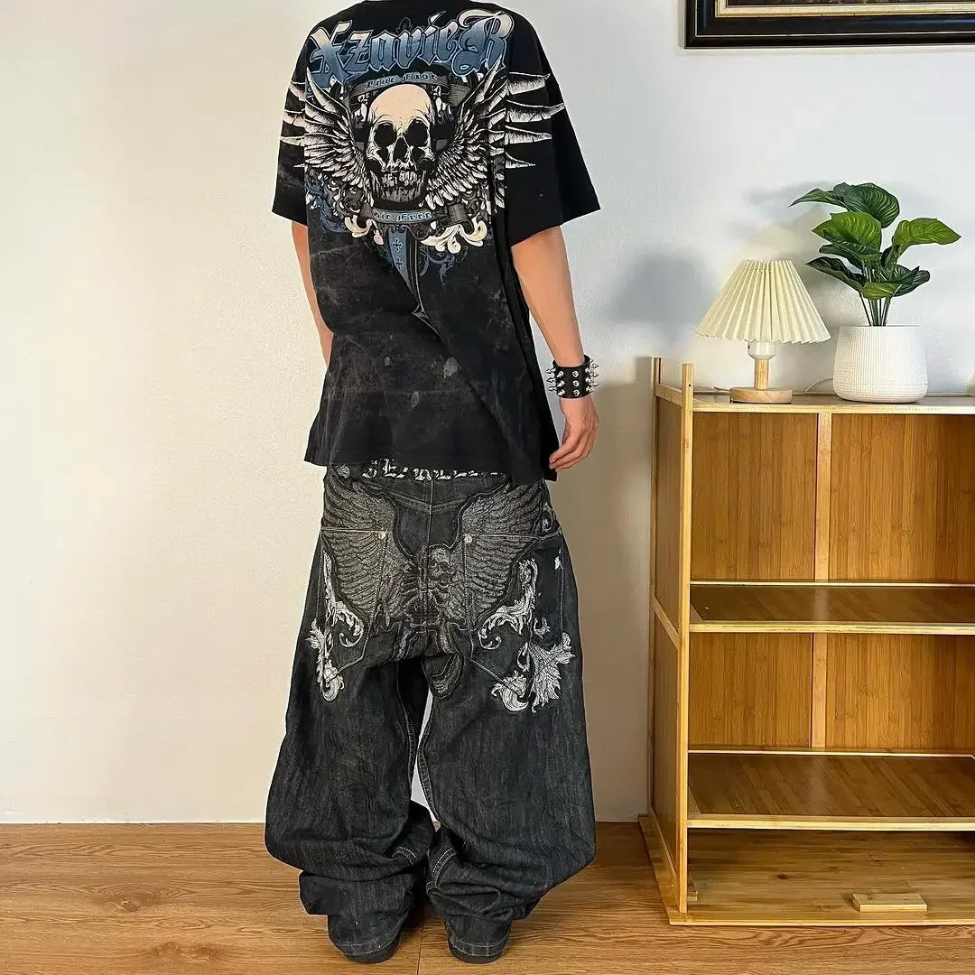 Japanese Kawaii Cartoon Characters Embroidered Light Blue Washed Baggy Jeans Y2K Harajuku Gothic Skateboard Pants Street Clothes