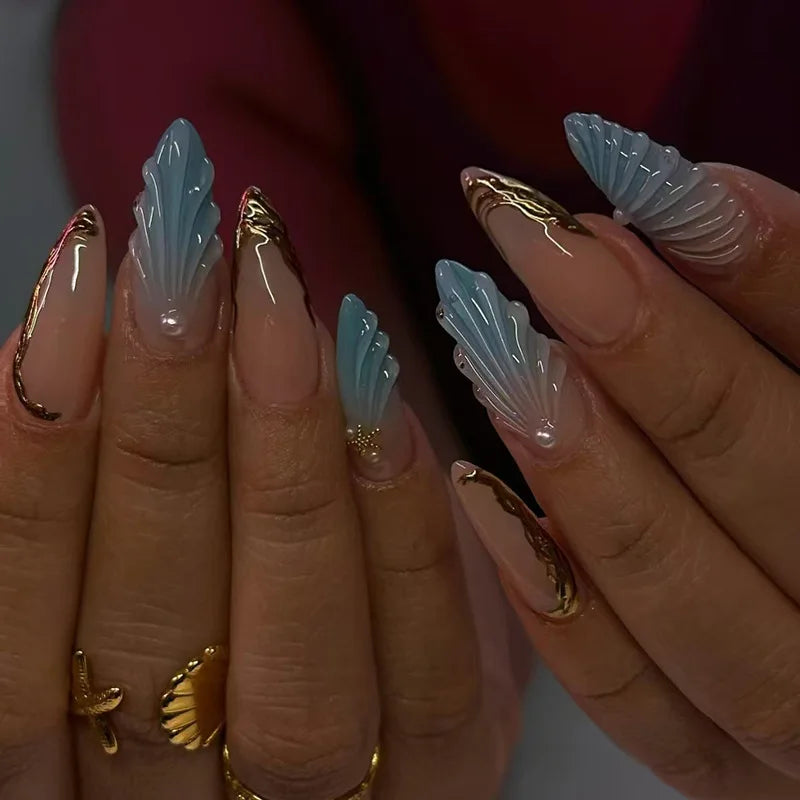 24pcs Romantic Y2k Star Press On Nails Gradient Blue French Style Gold Moon Designs Fake Nail Sweet Almond False Nails For Women