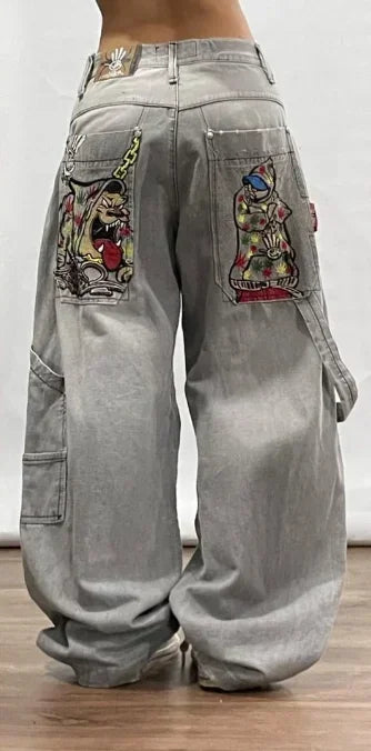 Japanese Kawaii Cartoon Characters Embroidered Light Blue Washed Baggy Jeans Y2K Harajuku Gothic Skateboard Pants Street Clothes