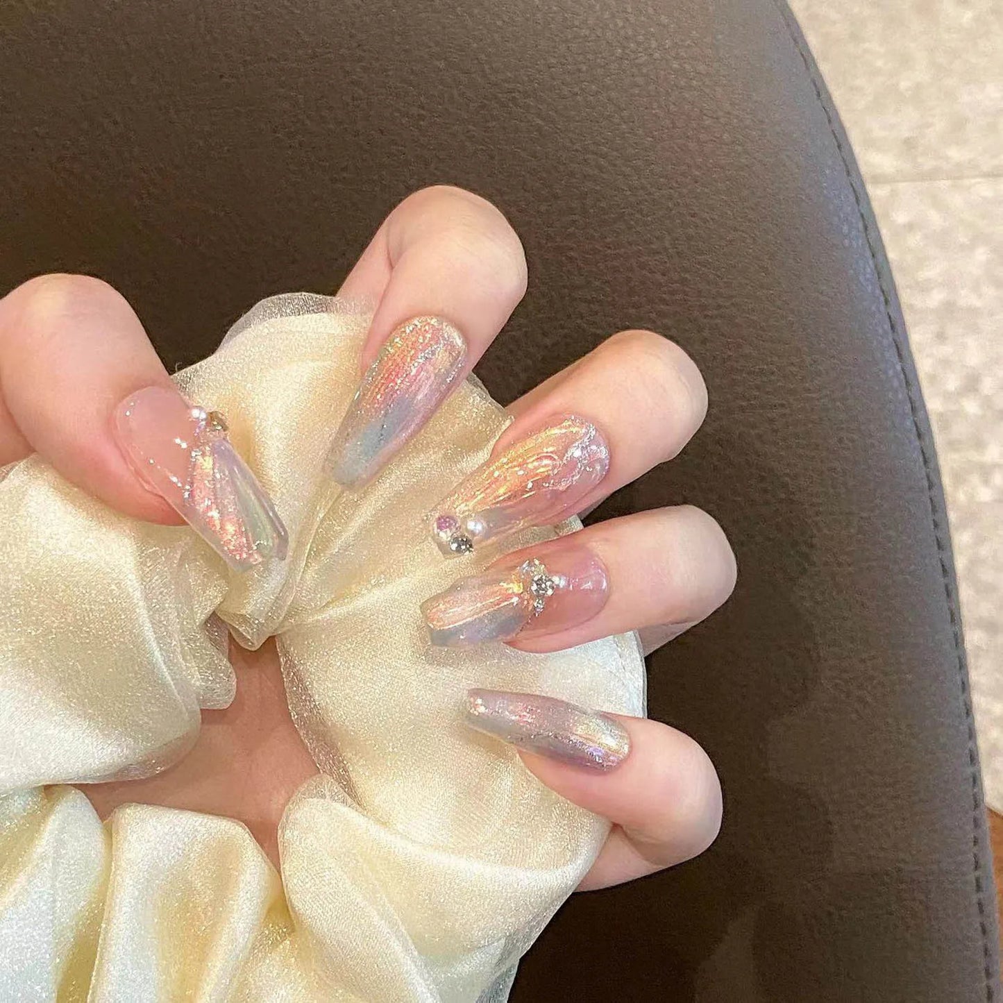 Handmade Press on Nails Blue Aurora Mermaid Fake Nail Patches Wearable Detachable French Pearl Almond False Nail Tips 10pcs
