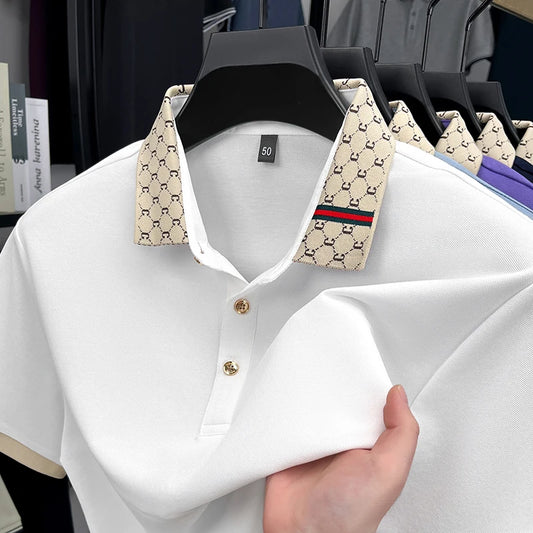Personality jacquard lapel short sleeve T-shirt summer high-end silky breathable new casual polo shirt fashion men's clothing