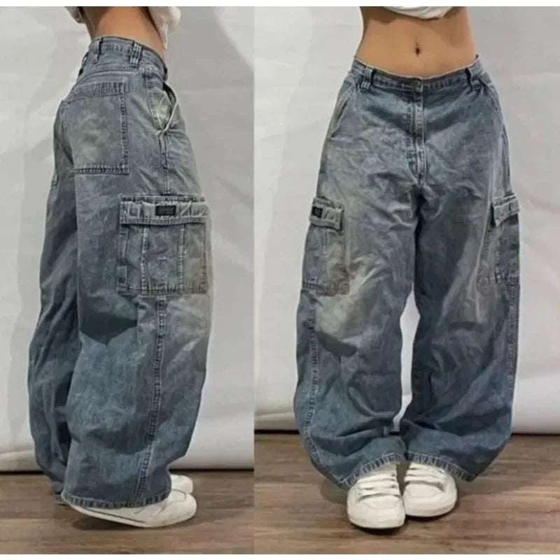 Japanese Kawaii Cartoon Characters Embroidered Light Blue Washed Baggy Jeans Y2K Harajuku Gothic Skateboard Pants Street Clothes
