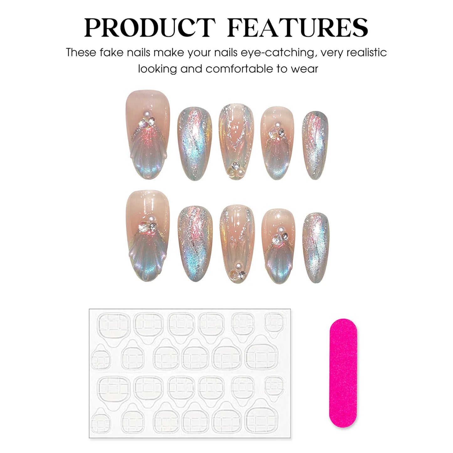 Handmade Press on Nails Blue Aurora Mermaid Fake Nail Patches Wearable Detachable French Pearl Almond False Nail Tips 10pcs