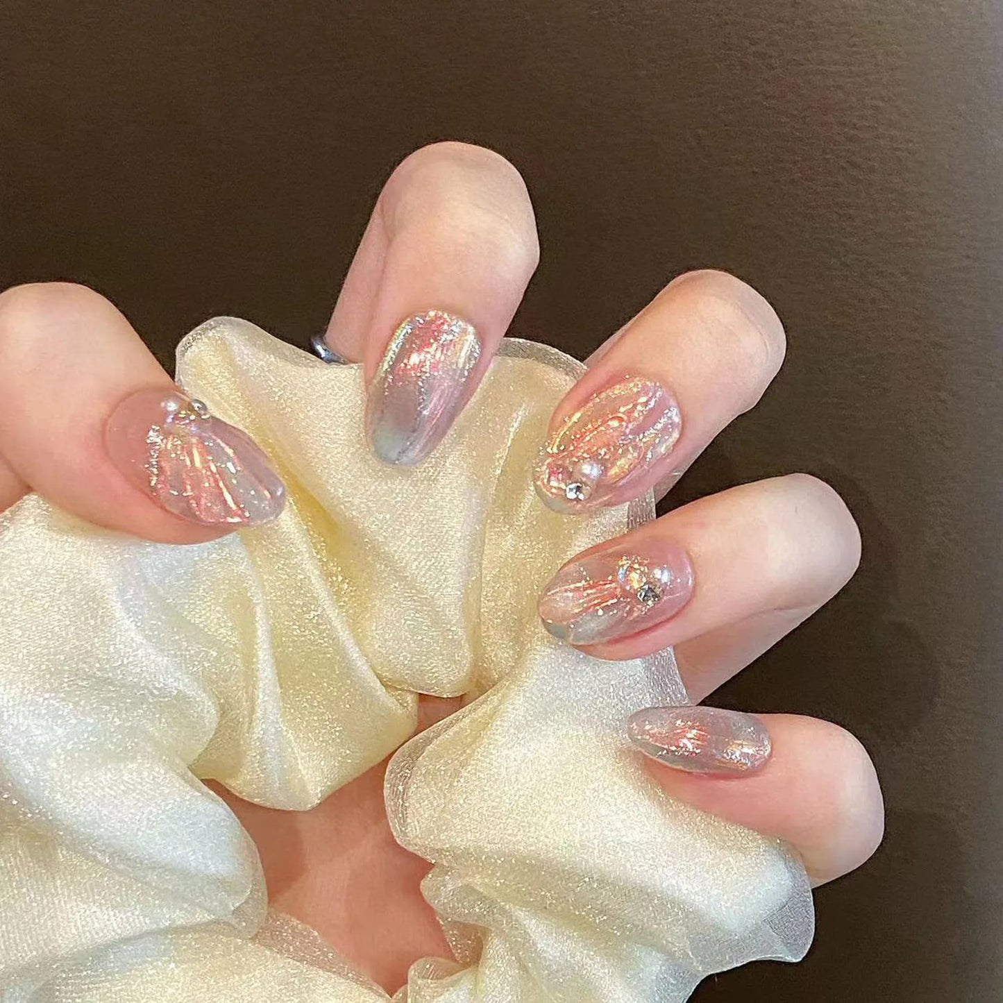 Handmade Press on Nails Blue Aurora Mermaid Fake Nail Patches Wearable Detachable French Pearl Almond False Nail Tips 10pcs
